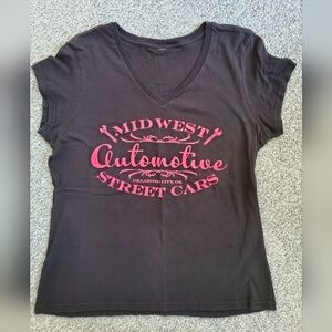 MIDWEST STREET CARS V-Neck Ladies Tee with Hot Pink Graphic Print